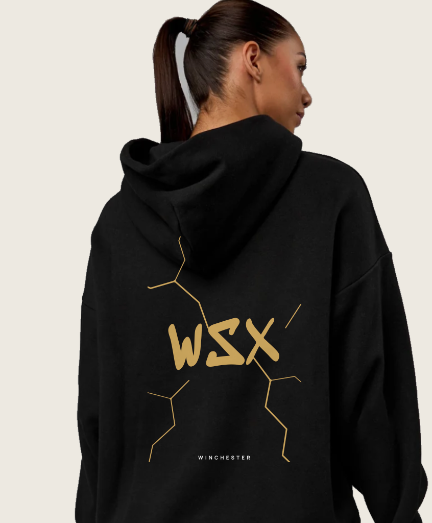 The Kintsugi Gold Hoodie from the back: black LSKD hoodie with the gold kintsugi print